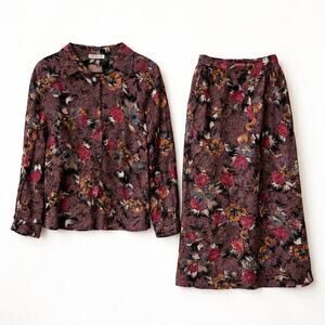 VTG Grandmacore Cottagecore Floral Skirt Shirt Set Brown Whimsigoth Academia XL